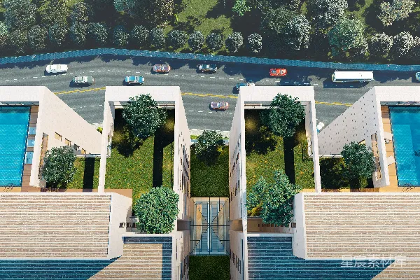 高清摄影 高速公路附近带有泳池和绿地的现代建筑。