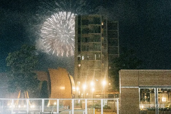 高清摄影 夜晚，烟花在建筑物上空绽放。