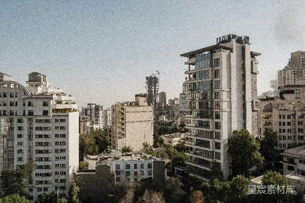 高清摄影 白天的城市景观，有高大的建筑物和绿树成荫。