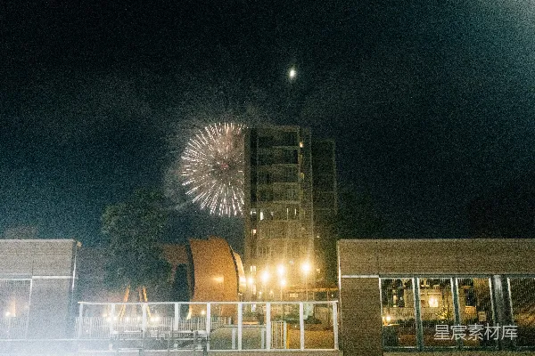 高清摄影 夜晚，建筑物上方绽放的烟花。