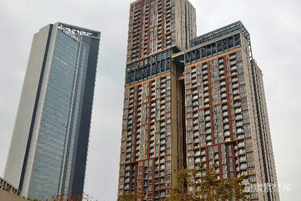 高清摄影 现代高层建筑高耸在绿意盎然的城市公园之上。