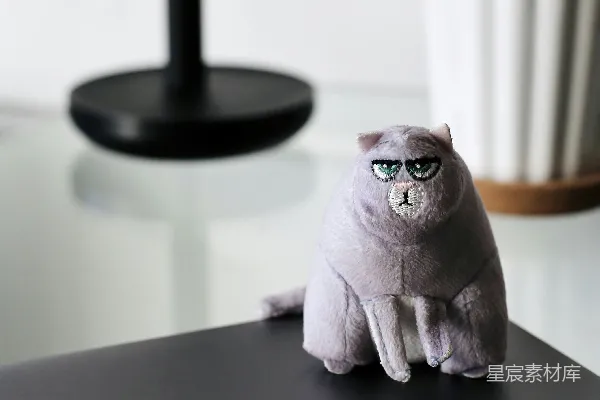 高清摄影 黑桌上的灰猫摆件