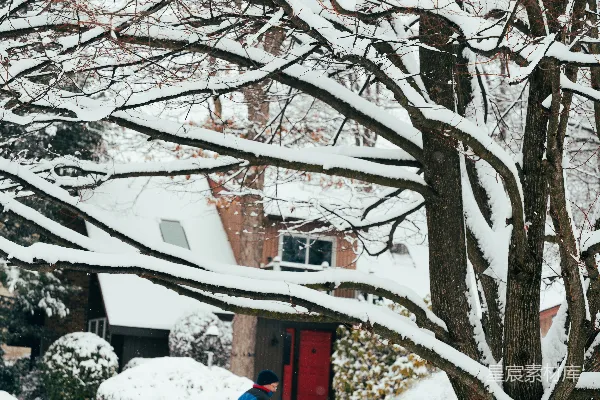 高清摄影 男人在房子前用扫雪机清理积雪。