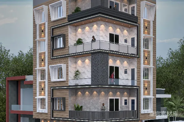 高清摄影 这是可能的标题：现代建筑，有阳台和屋顶花园。