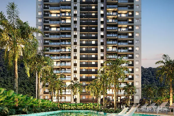 高清摄影 现代化高层建筑，带有泳池和棕榈树。