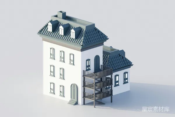 高清摄影 一座白色建筑，屋顶为深色，带有阳台。