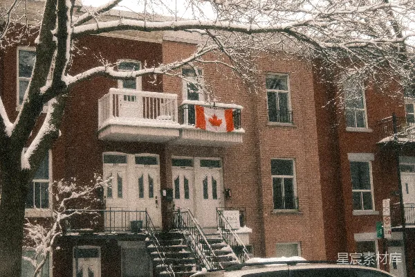高清摄影 加拿大的国旗挂在有雪的建筑物的阳台上。