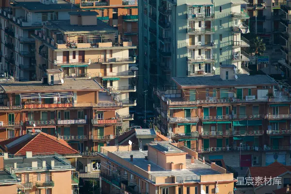 高清摄影 鸟瞰图，密集的城市建筑与阳台