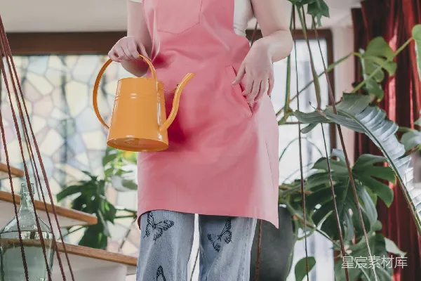高清摄影 一个穿着粉红色围裙的女人拿着一个浇水壶