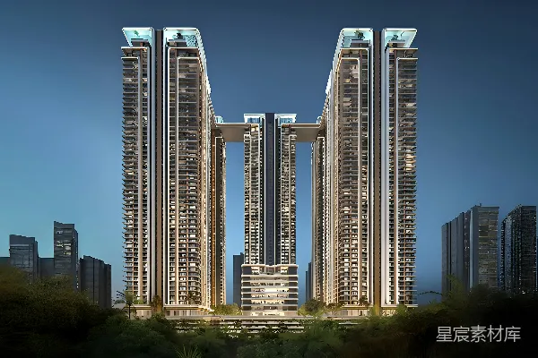 高清摄影 现代摩天大楼在黄昏时分通过空中连廊相连。