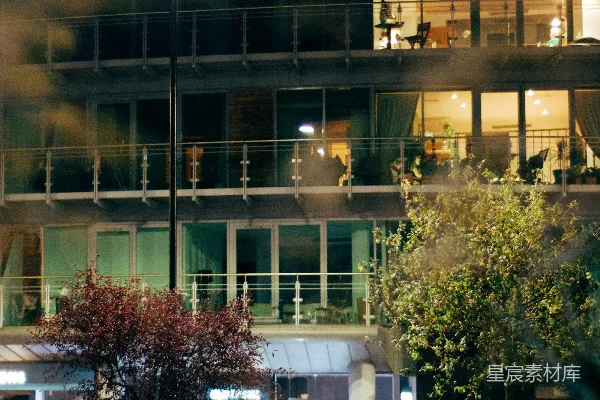 高清摄影 夜晚灯火通明的现代化建筑，窗户和树木都亮着。