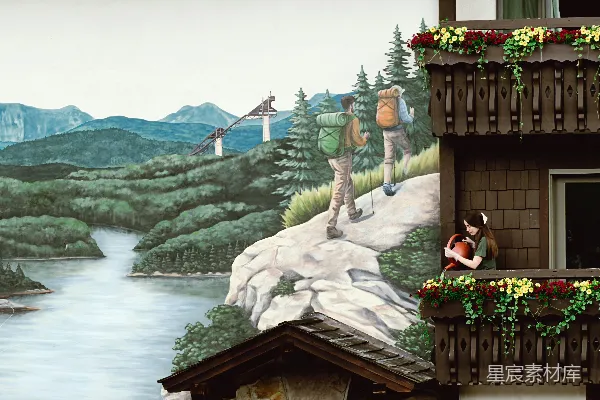 高清摄影 在阳台上的人看到一幅描绘登山者在山地景观中的壁画。