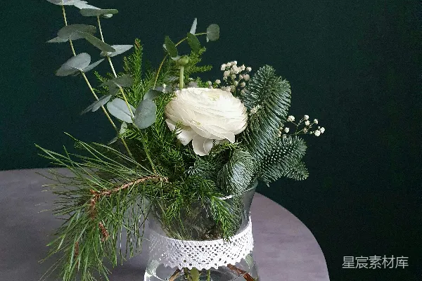 高清摄影 白花在清澈的玻璃花瓶中