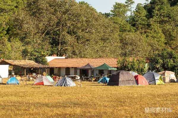 高清摄影 帐篷搭在草地上，建筑物位于其后方。