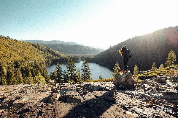 高清摄影 女人和狗欣赏着风景优美的山间湖景。