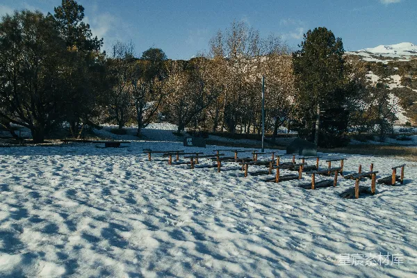 高清摄影 雪地里排列成行的木椅。