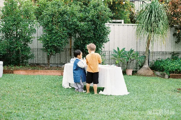 高清摄影 两个年轻的孩子站在后院的桌子旁。
