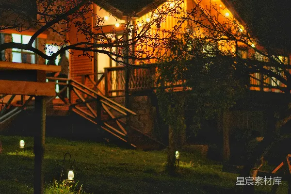 高清摄影 夜幕下的木屋和串灯