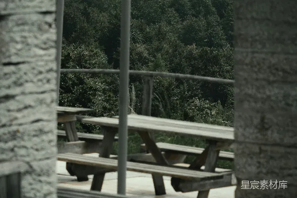 高清摄影 带有森林背景的带顶木制野餐桌