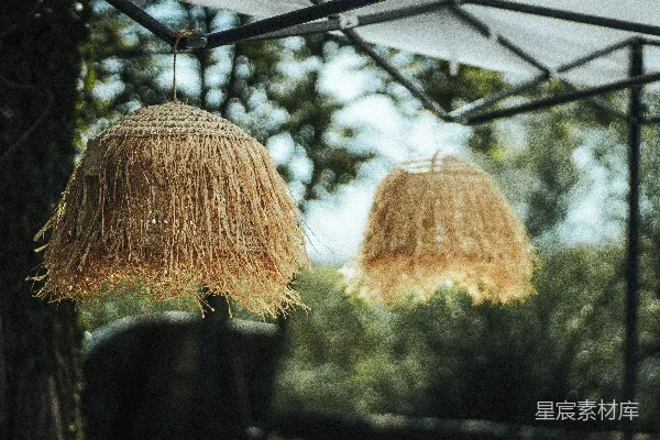 高清摄影 两只稻草灯悬挂在户外，背景是绿色植物。