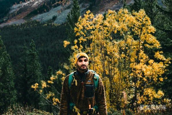 高清摄影 一个男人站在森林中央，背景是一座山。