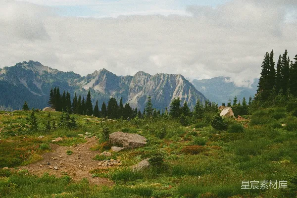 高清摄影 山地景观，有树木和帐篷。