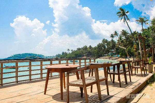 高清摄影 室外用餐区，带有海景和棕榈树。