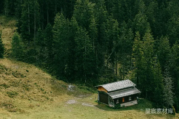 高清摄影 小木屋坐落在茂密森林的开阔地带。