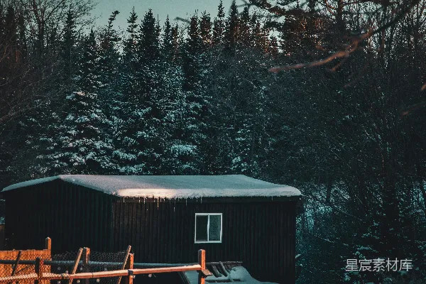 高清摄影 黄昏时分，雪林中的一个黑暗小木屋