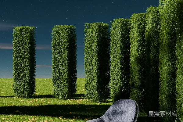 高清摄影 现代椅子放在草地上，周围是高高的灌木丛，夜晚星空点缀其间。