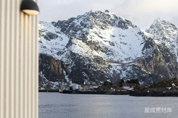 高清摄影 雪山俯瞰着宁静的海湾，海鸥在飞翔。