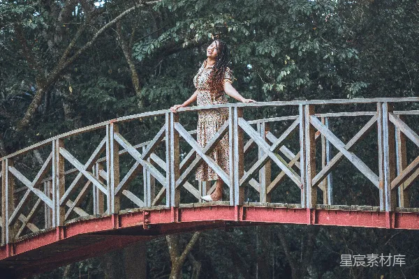 高清摄影 一个女人站在河上的桥上