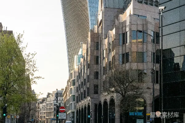 高清摄影 一条城市街道，两旁是高大的建筑物，街道上有一个交通信号灯。