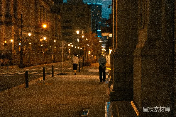 高清摄影 两个人在夜晚沿着街道走着。