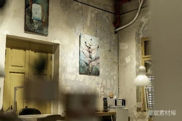 高清摄影 一个带微波炉和墙上挂画的厨房