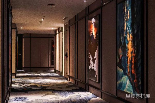 高清摄影 一个长长的走廊，墙上挂着画作。