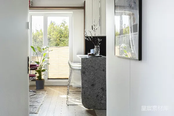 高清摄影 现代化的走廊通向一个明亮的厨房，厨房外有风景。