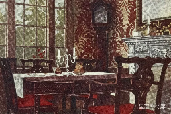 高清摄影 优雅的餐厅，配有古董家具和壁纸。