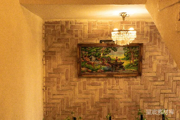 高清摄影 一条装饰精美的走廊，装饰有绘画、灯光和装饰品。