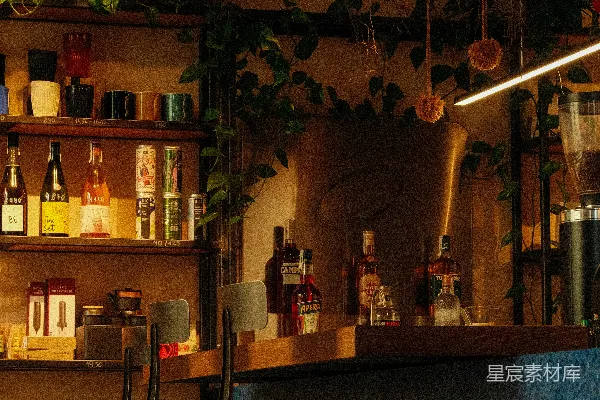 高清摄影 吧台，配有瓶子、植物和凳子