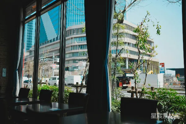 高清摄影 餐厅内部的景象，外面可以看到城市建筑。