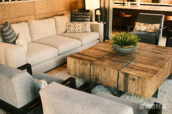 高清摄影 现代客厅，配有分体沙发和古朴的咖啡桌。