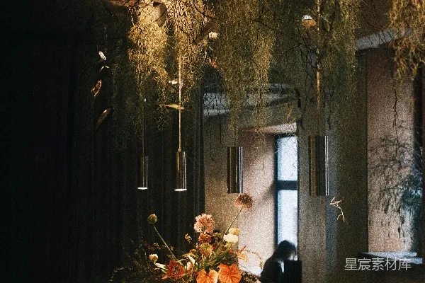 高清摄影 一张长餐桌，餐桌中央摆有花卉装饰，周围悬挂着装饰品。
