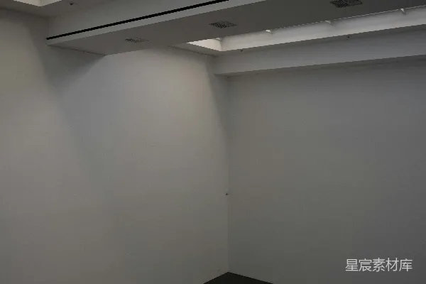 高清摄影 空旷的白色房间，地板漆黑，天花板上有天窗。