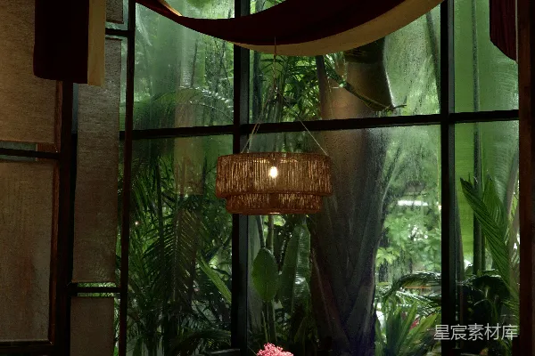 高清摄影 优雅的用餐区，可俯瞰生机勃勃的热带花园。