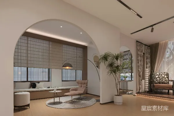 高清摄影 现代客厅，拱形门廊，舒适的座椅。