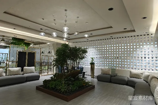 高清摄影 现代室内休息区，配有灰色沙发和中央植物展示。