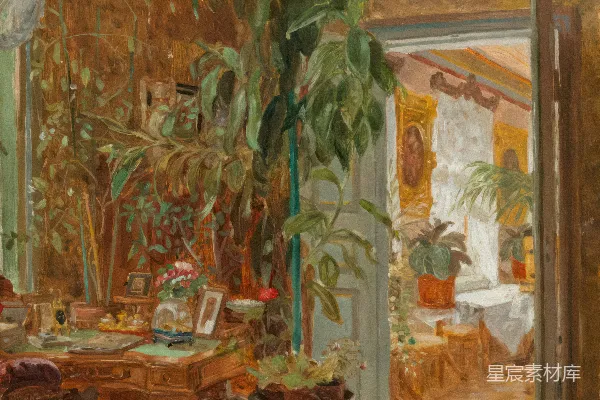 高清摄影 一幅餐厅的画，画中有一盆植物。