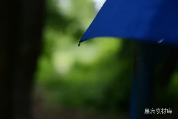 高清摄影 一滴水珠挂在蓝色雨伞的尖端，背景是绿色。