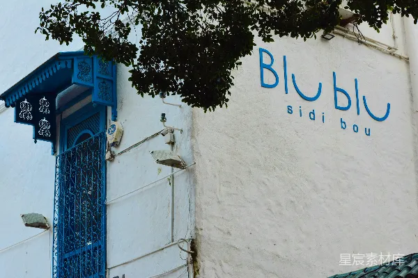 高清摄影 一座写有“blu blu sidi bou”牌子的建筑。